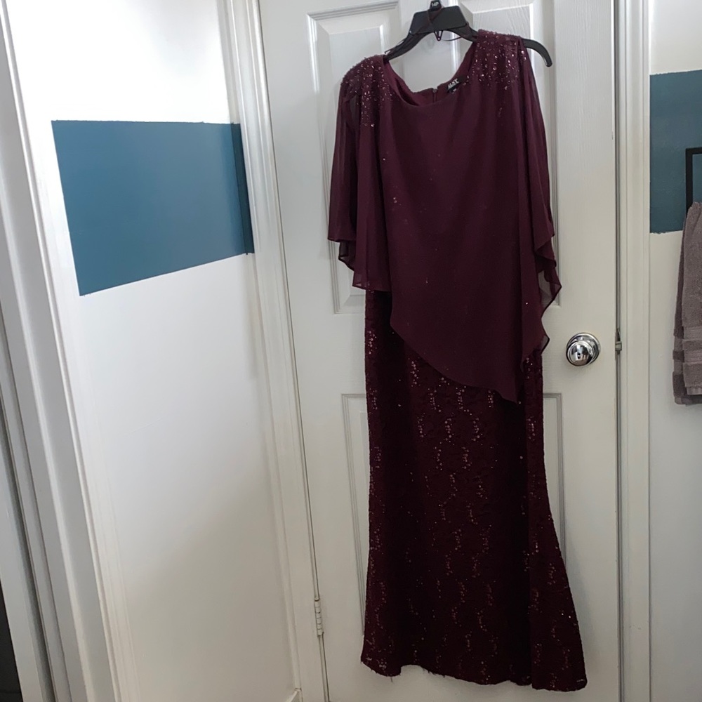 SLNY Burgundy Maxi Dress with Cape Overlay